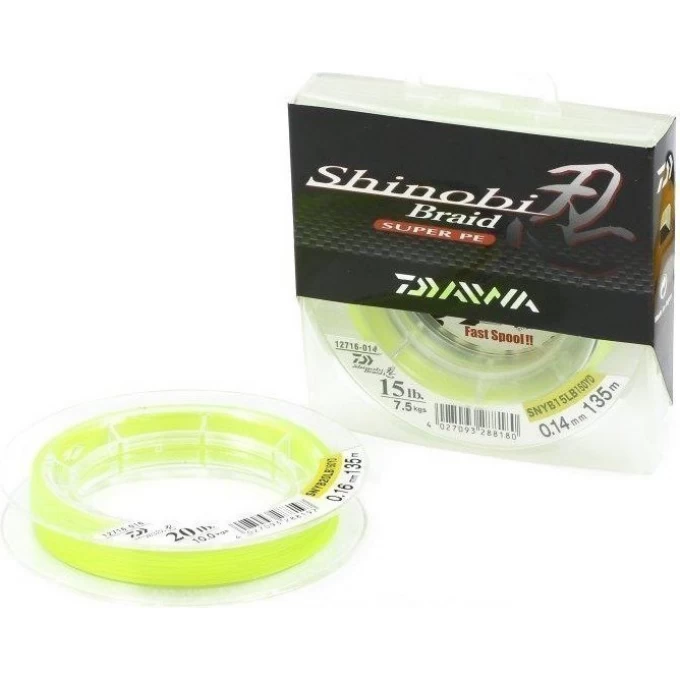 Плетеная леска DAIWA Shinobi Braid - 20 Lb (0.16мм) - 135м (ярко-жёлтая) 4027093288197 Плетеная леска DAIWA Shinobi Braid - 20 Lb (0.16мм) - 135м (ярко-жёлтая) 4027093288197